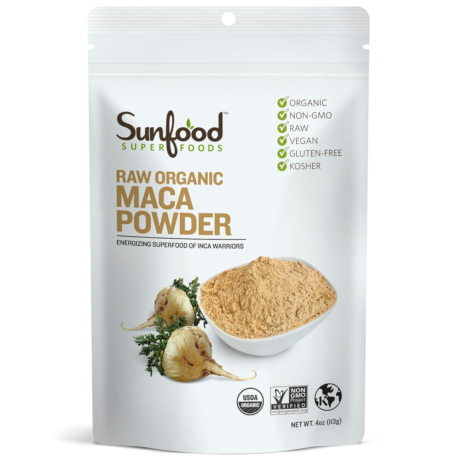Sunfood Maca Powder- Organic, Raw. for Men & Women. 4 oz Pouch | Maca Supplement - Mix Into Your Favorite Drink